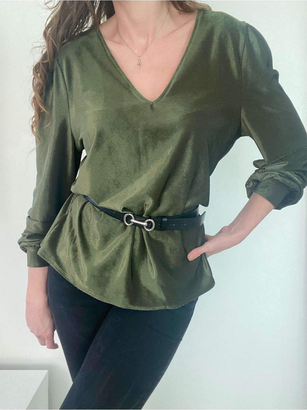Romantic Gaia goddess shimmer loose fit elegant dressy moss green textured top